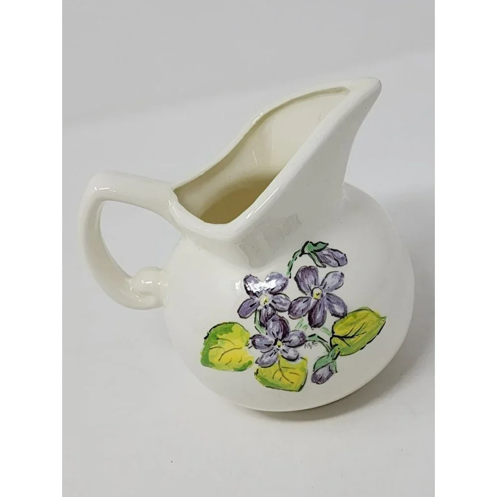 Vintage Hand Painted Ceramic Small‎ Pitcher/Creamer Blue Flowers Green Leaves